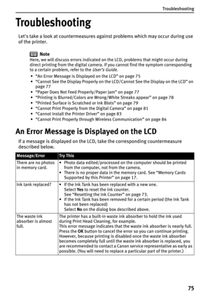 Page 77Troubleshooting
75
Troubleshooting
Let's take a look at countermeasures against problems which may occur during use 
of the printer.
Note
Here, we will discuss errors indicated on the LCD, problems that might occur during 
direct printing from the digital camera. If you cannot find the symptom corresponding 
to a certain problem, refer to the 
User’s Guide.
• “An Error Message is Displayed on the LCD” on page 75
• “Cannot See the Display Properly on the LCD/Cannot See the Display on the LCD” on 
page...