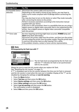 Page 78Troubleshooting
76
Note
Accompanied by Ink Tank icon with '?'
Always be sure to reset the ink counter when you replace Ink Tank.
See “Resetting the Ink Counter” on page 73.
A “?” is displayed next to the Ink counter between the time one Ink Tank is removed 
and the ink counter is reset when the next one is installed. Display of the “?” can be 
disabled by changing the settings on Low ink warning.
1Press the Menu button.
2 Select To o l  b o x and then press the OK button.
3 Select Device settings...