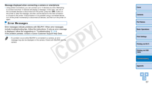 Page 5757
Cover
Contents
Part Names
Basic Operations
Print Settings
Printing via USB 
Cable
Appendix
Printing via Wi-Fi
Troubleshooting
Message displayed when connecting a camera or smartphone•	Using [Direct Connection], you can connect up to 10 devices at a time. Attempting 
to connect more than 10 devices will display a message. In this case, us\
e one of 
the connected devices to disconnect from the printer, press the  button on 
the printer to clear the message, and then use the device for the new co\...