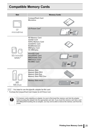 Page 25
25Printing from Memory Cards
Compatible Memory Cards
: You need to use the specific adapter for the card.
*  Purchase the CompactFlash Card Adapter for xD-Picture Card.
SlotMemory Cards
CompactFlash Card
Microdrive
xD-Picture Card*
SD Memory Card
miniSD Card
SDHC Memory Card
miniSDHC Card
MultiMediaCard
MMCplus Card
HC MMCplus
microSD Card
microSDHC Card
MMCmobile Card
MMCmicro Card
RS-MMC Card
Memory Stick
Memory Stick PRO
Memory Stick Duo
Memory Stick PRO Duo
Memory Stick micro
• For memory cards...