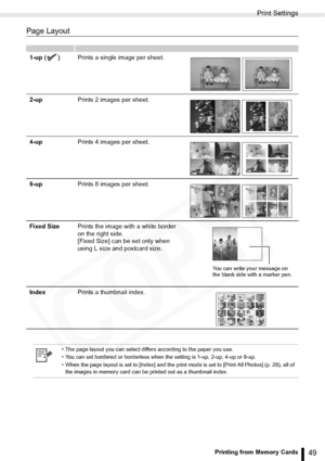 Page 49
Print Settings
49Printing from Memory Cards
Page Layout
1-up ( )Prints a single image per sheet.
2-up Prints 2 images per sheet.
4-up Prints 4 images per sheet.
8-up Prints 8 images per sheet.
Fixed Size Prints the image with a white border 
on the right side.
[Fixed Size] can be set only when 
using L size and postcard size.
Index Prints a thumbnail index.
• The page layout you can select differs according to the paper you use.
• You can set bordered or borderless when the setting is 1-up, 2-up, 4-up...