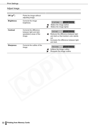 Page 50
Print Settings
50Printing from Memory Cards
Adjust Image
Off ( )Prints the image without 
adjusting image.
Brightness Corrects the image 
brightness.
 :  Makes the image darker.
 :  Makes the image lighter.
Contrast Corrects the difference 
between light and dark 
(gradation) areas of the 
image.  : Reduces the difference between light 
and dark so that medium color stands 
out.
 : Increases the difference between light  and dark.
Sharpness Corrects the outline of the 
image.
 : Softens the image...