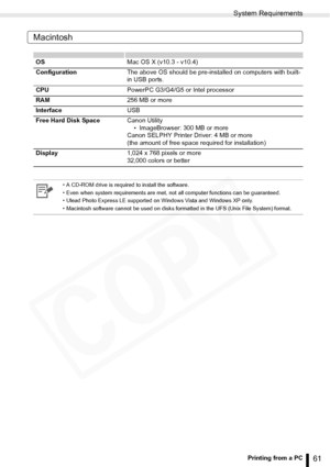 Page 61
System Requirements
61Printing from a PC
Macintosh
OSMac OS X (v10.3 - v10.4)
Configuration The above OS should be pre-installed on computers with built-
in USB ports.
CPU PowerPC G3/G4/G5 or Intel processor
RAM 256 MB or more
Interface USB
Free Hard Disk Space Canon Utility
• ImageBrowser: 300 MB or more
Canon SELPHY Printer Driver: 4 MB or more 
(the amount of free space required for installation)
Display 1,024 x 768 pixels or more
32,000 colors or better
• A CD-ROM drive is required to install the...