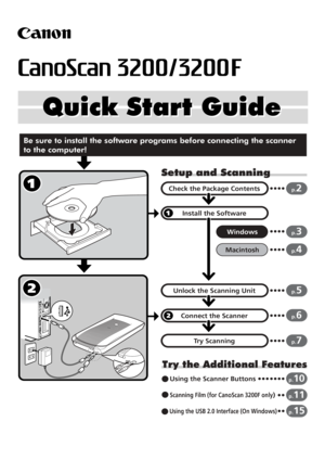 Page 11
Quick Start Guide Quick Start Guide
Setup and Scanning
Try the Additional Features
Check the Package Contents
Install the Software
Windows
Macintosh
Unlock the Scanning Unit
Connect the Scanner
Try Scanning
p.2
p.3
p.4
p.5
p.6
p.7
Using the Scanner Buttonsp.10
Scanning Film (for CanoScan 3200F only) p.11
Be sure to install the software programs before connecting the scanner 
to the computer!
Using the USB 2.0 Interface (On Windows)p.15 