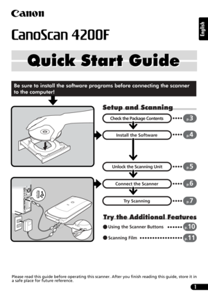 Page 11
English
Setup and Scanning
Try the Additional Features
Check the Package Contents
Install the Software
Unlock the Scanning Unit
Connect the Scanner
Try Scanning
p.3
p.4
p.5
p.6
p.7
Using the Scanner Buttonsp.10
Scanning Filmp.11
Be sure to install the software programs before connecting the scanner 
to the computer!
Quick Start Guide Quick Start Guide
Please read this guide before operating this scanner. After you finish reading this guide, store it in
a safe place for future reference. 