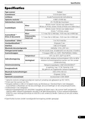 Page 70Specificaties
9
Nederlands
Specificaties
*1 Optische resolutie vertegenwoordigt de maximum sampling rate gebaseerd op ISO 14473.*2 Enkel voor het scannen van film.*3 Hoogste snelheid in USB 2.0 Hi-Speed-modus op Windows-pc. Overdrachttijd is niet inbegrepen. 
Scansnelheid is afhankelijk van het documenttype, de scaninstellingen en de computerspecificaties.
*4 Kalibratietijd is niet inbegrepen.*5 Netspanningsadaptertype kan verschillen naargelang de plaats waar u de scanner heeft aangekocht. 
Gebruik...