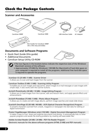 Page 42
Check the Package Contents
Scanner and Accessories
Documents and Software Programs
• Quick Start Guide (this guide)
• Additional Documents
• CanoScan Setup Utility CD-ROM
• The two figures in the brackets below indicate the respective sizes of the Windows/
Macintosh versions of the software.
• Approximately 379 MB (for Windows) / 109 MB (for Macintosh) of hard disk space on 
your computer is required to install all the programs. Additional free hard disk space 
is required to operate the programs....