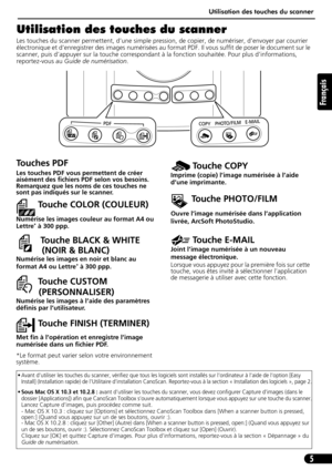 Page 16Utilisation des touches du scanner
5
Français
Utilisation des touches du scanner
Les touches du scanner permettent, d’une simple pression, de copier, de numériser, d’envoyer par courrier 
électronique et d’enregistrer des images numérisées au format PDF. Il vous suffit de poser le document sur le 
scanner, puis d’appuyer sur la touche correspondant à la fonction souhaitée. Pour plus d’informations, 
reportez-vous au Guide de numérisation.       
• Avant d’utiliser les touches du scanner, vérifiez que...