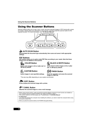 Page 12Using the Scanner Buttons
10
Using the Scanner Buttons
Scanner buttons allow you to copy, scan, e-mail, and save scanned images in PDF format with a press 
of a button. Simply place your document on the scanner, and then press the scanner button for the 
required function. For more information, see On-Screen Manual.
• Before using scanner buttons, make sure that the required software programs for each function are installed on 
your computer using the supplied CD-ROM. See Setup CD-ROM on page 3.
If the...