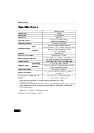 Page 18Specifications
16
Specifications
*1Optical Resolution represents the maximum sampling rate based on ISO 14473.*2For film scanning only.*3The fastest speed in Hi-Speed USB mode on Windows PC. Transfer time is not included. Scanning 
speed varies according to the document types, scan settings, or specifications of the computer.
*4USB connection to PC.
• Specifications are subject to change without notice.
Model Name: K10346 (CanoScan 9000F)CanoScan 9000F
Scanner TypeFlatbed
Sensor TypeCCD 12-line color...