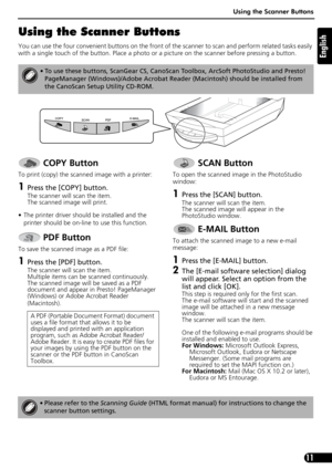 Page 11Using the Scanner Buttons
11
English
Using the Scanner Buttons
You can use the four convenient buttons on the front of the scanner to scan and perform related tasks easily 
with a single touch of the button. Place a photo or a picture on the scanner before pressing a button.
 
• To use these buttons, ScanGear CS, CanoScan Toolbox, ArcSoft PhotoStudio and Presto! 
PageManager (Windows)/Adobe Acrobat Reader (Macintosh) should be installed from 
the CanoScan Setup Utility CD-ROM.
 COPY Button
To print...