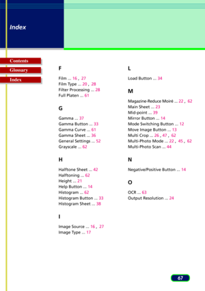 Page 6767
Index
Glossary Contents
IndexF
Film ... 16 ,27
Film Type ...  20 ,28
Filter Processing ...  28
Full Platen ...  61
G
Gamma ... 37
Gamma Button ...  33
Gamma Curve ...  61
Gamma Sheet ...  36
General Settings ...  52
Grayscale ...  62
H
Halftone Sheet ...  42
Halftoning ...  62
Height ...  21
Help Button ...  14
Histogram ...  62
Histogram Button ...  33
Histogram Sheet ...  38
I
Image Source ... 16 ,27
Image Type ...  17
L
Load Button ...  34
M
Magazine-Reduce Moiré ...  22 ,62
Main Sheet ...  23...