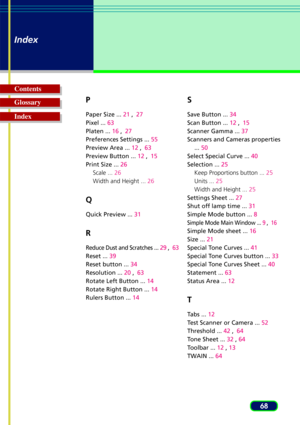 Page 6868
Index
Glossary Contents
IndexP
Paper Size ... 21 ,27
Pixel ...  63
Platen ...  16 ,27
Preferences Settings ...  55
Preview Area ...  12 ,63
Preview Button ...  12 ,15
Print Size ...  26
Scale ...  26
W idth and Height ...  26
Q
Quick Preview ... 31
R
Reduce Dust and Scratches ...  29  ,63
Reset ...  39
Reset button ...  34
Resolution ...  20 ,63
Rotate Left Button ...  14
Rotate Right Button ...  14
Rulers Button ...  14
S
Save Button ... 34
Scan Button ...  12 ,15
Scanner Gamma ...  37
Scanners and...
