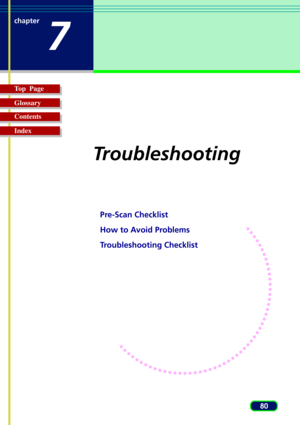 Page 8080
Top  Page
Glossary
Contents
Index chapter
7
Troubleshooting
Pre-Scan Checklist
How to Avoid Problems
Troubleshooting Checklist 