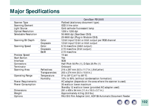 Page 102102
CanoScan FB1200S
Scanner Type Flatbed (stationary document type)
Scanning Element CCD 3 line color
Light Source Cold cathode fluorescent lamp
Optical Resolution 1200 x 1200 dpi
Selectable Resolution 50-9600 dpi (ScanGear CS-S)
25-9600 dpi (Plug-in Module CS-S)
Scanning Bit Depth Color 12-bit input/12-bit or 8-bit output per RGB channel
Grayscale 12-bit input/12-bit or 8-bit output
Scanning Speed Color 8.16 msec/line (24bit output)
Grayscale 2.72 msec/line (8 bit output)
B&W 2.72 msec/line
Preview...