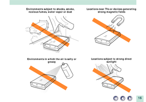 Page 1616
Environments subject to shocks, smoke,
noxious fumes, water vapor or dust
Locations subject to strong direct
sunlight Locations near TVs or devices generating
strong magnetic fields
Environments in which the air is salty or
greasy 