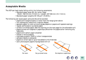 Page 6565
No tears
No punched holesNo staples or paperclips
Acceptable Media
The ADF can feed media falling within the following parameters.
¥ Standard paper sizes: B5, A4, Letter, Legal
Width: 182-216 mm (7.2-8.5 in.) / Length: 257-356 mm (10.1-14.0 in)
¥ Standard paper weights: 60-105 g/m
2 (16-28 lb.)
The following can cause paper jams and should be avoided.
¥ papers with weights higher or lower than the range given above
¥ non-rectangular media with irregular shapes
¥ specialty paper for color printers,...