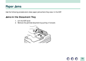 Page 7070
Paper Jams
Use the following procedures to clear paper jams where they occur in the ADF.
Jams in the Document Tray
1. Lift the ADF cover.
2. Remove the jammed document by pulling it forward. 