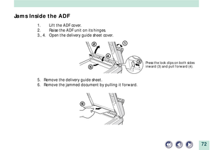 Page 7272
Jams Inside the ADF
1. Lift the ADF cover.
2. Raise the ADF unit on its hinges.
3., 4. Open the delivery guide sheet cover.
5. Remove the delivery guide sheet.
6. Remove the jammed document by pulling it forward.
Press the lock clips on both sides
inward (3) and pull forward (4). 