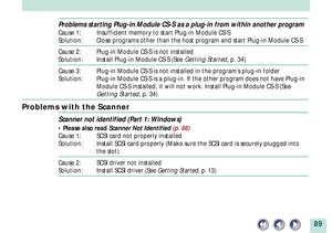 Page 8989
Problems starting Plug-in Module CS-S as a plug-in from within another program
Cause 1: Insufficient memory to start Plug-in Module CS-S
Solution: Close programs other than the host program and start Plug-in Module CS-S
Cause 2: Plug-in Module CS-S is not installed
Solution: Install Plug-in Module CS-S (See Getting Started, p. 34)
Cause 3: Plug-in Module CS-S is not installed in the programÕs plug-in folder
Solution: Plug-in Module CS-S is a plug-in. If the other program does not have Plug-in
Module...