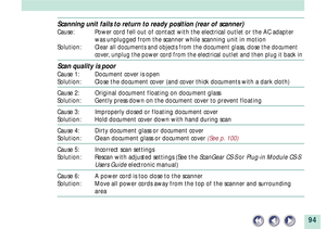 Page 9494
Scanning unit fails to return to ready position (rear of scanner)
Cause: Power cord fell out of contact with the electrical outlet or the AC adapter
was unplugged from the scanner while scanning unit in motion
Solution:
Clear all documents and objects from the document glass, close the document
cover, unplug the power cord from the electrical outlet and then plug it back in
Scan quality is poor
Cause 1: Document cover is open
Solution: Close the document cover (and cover thick documents with a dark...