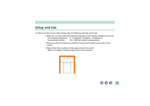 Page 1313
Setup and UseIn order to use this scanner safely, please obey the following warnings at all times.
¥ Please use in an area where the following temperature and humidity conditions can be met.
Surrounding  temperature: 41 - 95 degrees F (5 degrees - 35 degrees C)
Surrounding humidity: 10% - 90% RH (without condensations)
¥ Please use where the electrical conditions (normal home outlets) can be met in your
country.
¥ Make certain there is plenty of clear space around the scanner.
(Below is a diagram...
