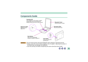 Page 1616
Components Guide
Document CoverHolds documents in place
Alignment MarkAlign document
edges here
Document GlassPlace documents here
Scanning UnitCore component of the scanner, compris-
ing the light source and sensing units
(Usually found at the front of the scanner)
Lock SwitchLocks and unlocks the
scanning unit
¥ Do not tilt the scanner more than 90 degrees when checking or operating the lock.
¥ Always unlock the scanner before plugging in the AC adapter.  Operating the scanner in
the locked state...