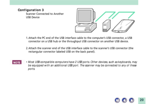 Page 2020
Configuration 3
Scanner Connected to Another
USB Device
1. Attach the PC end of the USB interface cable to the computerÕs USB connector, a USB
connector on a USB hub or the throughput USB connector on another USB device.
2. Attach the scanner end of the USB interface cable to the scannerÕs USB connector (the
rectangular connector labeled USB on the back panel).
¥ Most USB-compatible computers have 2 USB ports. Other devices, such as keyboards, may
be equipped with an additional USB port. The scanner...