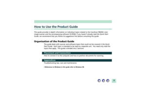 Page 33
How to Use the Product GuideThis guide provides in-depth information on individual topics related to the CanoScan FB620U color
image scanner and the accompanying software CD-ROM. If you havenÕt already read the Quick Start
Guide, we recommend that you follow its suggestions first before consulting this guide.Organization of the Product Guide
The guide deals with scanner and software topics that could not be covered in the Quick
Start Guide.  Each topic is intended to be read as a separate unit.  You...