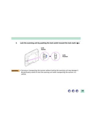 Page 2828
Lock
Position Lock
Switch
aaaaaaaaaaaaaaaaaaaaaaaaaaaaaaaaaaaaaaaaaaaaaaaaa
3. Lock the scanning unit by pushing the lock switch toward the lock mark (  ).
¥ Carrying or transporting the scanner without locking the scanning unit may damage it.
Be particularly careful to lock the scanning unit when transporting the scanner in a
vehicle. 