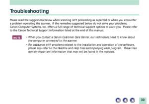 Page 3030
Troubleshooting
Please read the suggestions below when scanning isnÕt proceeding as expected or when you encounter
a problem operating the scanner.  If the remedies suggested below do not solve your problems,
Canon Computer Systems, Inc. offers a full range of technical support options to assist you.  Please refer
to the Canon Technical Support information listed at the end of this manual.
¥ When you contact a Canon Customer Care Center, our technicians need to know about
the computer connected to the...