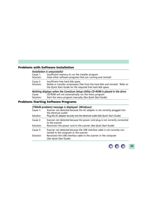Page 3232
Problems with Software Installation
Installation is unsuccessful
Cause 1: Insufficient memory to run the installer program
Solution: Close other software programs that are running and reinstall
Cause 2: Insufficient free hard disk space
Solution: Delete or transfer unnecessary files from the hard disk and reinstall.  Refer to
the Quick Start Guide for the required free hard disk space.
Nothing displays when the CanoScan Setup Utility CD-ROM is placed in the drive
Cause: CD-ROM will not automatically...