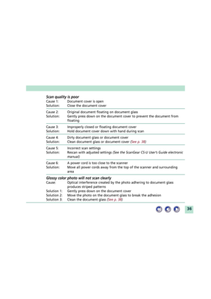 Page 3636
Scan quality is poor
Cause 1: Document cover is open
Solution: Close the document cover
Cause 2: Original document floating on document glass
Solution: Gently press down on the document cover to prevent the document from
floating
Cause 3: Improperly closed or floating document cover
Solution: Hold document cover down with hand during scan
Cause 4: Dirty document glass or document cover
Solution: Clean document glass or document cover (See p. 38)
Cause 5: Incorrect scan settings
Solution: Rescan with...