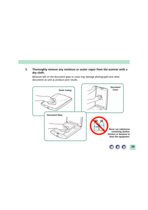 Page 3939
aaaaaaaaaaaaaaaaaaaaaaaaaaaaaaaaaaaaaaaaaaaaaaaaa
5. Thoroughly remove any moisture or water vapor from the scanner with a
dry cloth.
Moisture left on the document glass or cover may damage photographs and other
documents as well as produce poor results.
Never use substances
containing alcohol,
thinners or benzene to
clean the equipment.
Outer CasingDocument
Cover
Document Glass 
