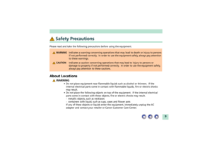 Page 99
 Safety Precautions
Please read and take the following precautions before using the equipment.
 WARNINGIndicates a warning concerning operations that may lead to death or injury to persons
if not performed correctly.  In order to use the equipment safely, always pay attention
to these warnings. CAUTIONIndicates a caution concerning operations that may lead to injury to persons or
damage to property if not performed correctly.  In order to use the equipment safely,
always pay attention to these...