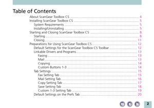Page 22
Table of Contents
About ScanGear Toolbox CS ...........................................................................4
Installing ScanGear Toolbox CS .......................................................................5
System Requirements .................................................................................5
Installing/Uninstalling .................................................................................5
Starting and Closing ScanGear Toolbox CS...