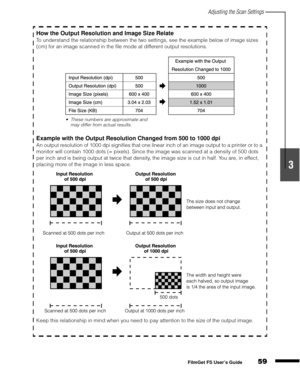 Page 61Adjusting the Scan Settings
59
1
2
3
4
5
FilmGet FS User’s Guide
How the Output Resolution and Image Size Relate
To understand the relationship between the two settings, see the example below of image sizes 
(cm) for an image scanned in the file mode at different output resolutions.
Example with the Output Resolution Changed from 500 to 1000 dpi
An output resolution of 1000 dpi signifies that one linear inch of an image output to a printer or to a 
monitor will contain 1000 dots (= pixels). Since the...