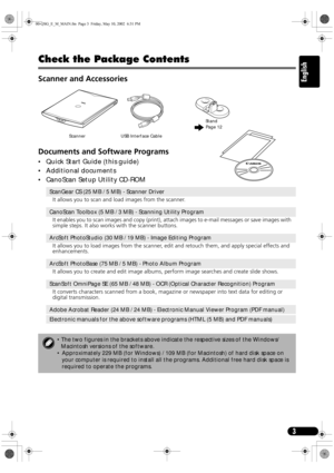 Page 33
English
Check the Package Contents
Scanner and Accessories
Documents and Software Programs
 Quick Start Guide (this guide)
 Additional documents
 CanoScan Setup Utility CD-ROM
ScanGear CS (25 MB / 5 MB) - Scanner Driver
It allows you to scan and load images from the scanner.
CanoScan Toolbox (5 MB / 3 MB) - Scanning Utility Program
It enables you to scan images and copy (print), attach images to e-mail messages or save images with 
simple steps. It also works with the scanner buttons.
ArcSoft...