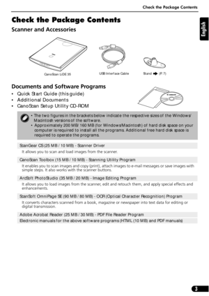 Page 3Check the Package Contents
3
English
Check the Package Contents
Scanner and Accessories
Documents and Software Programs
• Quick Start Guide (this guide)
• Additional Documents
• CanoScan Setup Utility CD-ROM
• The two figures in the brackets below indicate the respective sizes of the Windows/
Macintosh versions of the software.
• Approximately 200 MB/ 160 MB (for Windows/Macintosh) of hard disk space on your 
computer is required to install all the programs. Additional free hard disk space is 
required...