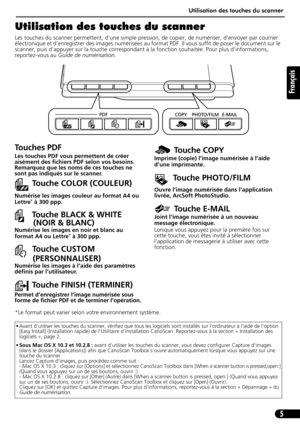 Page 16Utilisation des touches du scanner
5
Français
Utilisation des touches du scanner
Les touches du scanner permettent, d’une simple pression, de copier, de numériser, d’envoyer par courrier 
électronique et d’enregistrer des images numérisées au format PDF. Il vous suffit de poser le document sur le 
scanner, puis d’appuyer sur la touche correspondant à la fonction souhaitée. Pour plus d’informations, 
reportez-vous au Guide de numérisation.
*Le format peut varier selon votre environnement système.
• Avant...