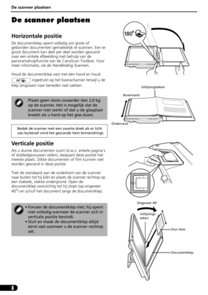 Page 69De scanner plaatsen
8
De scanner plaatsen 
Horizontale positie
De documentklep opent volledig om grote of 
gebonden documenten gemakkelijk te scannen. Een te 
groot document kan deel per deel worden gescand 
naar een enkele afbeelding met behulp van de 
panoramahulpfunctie van de CanoScan Toolbox. Voor 
meer informatie, zie de Handleiding Scannen.
Houd de documentklep vast met één hand en houd 
 ingedrukt op het basisscharnier terwijl u de 
klep langzaam naar beneden laat zakken.
Verticale positie
Als u...