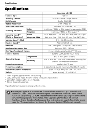 Page 18Specifications
16
Specifications
*1 16 bit output supports only for film scanning.*2 USB 2.0 Hi-Speed mode. Transfer time to computer is not included.*3 Calibration processing time is not included.*4 35 mm slides not supported.
• Specifications are subject to change without notice.CanoScan LiDE 80
Scanner TypeFlatbed
Scanning ElementCIS (Color Contact Image Sensor)
Light Source3-color (RGB) LED
Optical Resolution2400 x 4800 dpi
Selectable Resolution25 - 9600 dpi (ScanGear CS)
Scanning Bit DepthColor 16...
