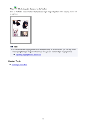Page 163When  (Whole Image) is displayed on the Toolbar:
Items on the Platen are scanned and displayed as a single image. All portions in the cropping frames will
be scanned.
Note
•
You can specify the cropping frame on the displayed image. In thumbnail view, you can only create one cropping frame per image. In whole image view, you can create multiple cropping frames.
Adjusting Cropping Frames (ScanGear)
Related Topic
Scanning in Basic Mode
163 