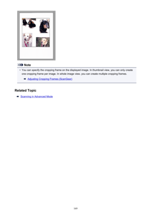 Page 169Note
•
You can specify the cropping frame on the displayed image. In thumbnail view, you can only createone cropping frame per image. In whole image view, you can create multiple cropping frames.
Adjusting Cropping Frames (ScanGear)
Related Topic
Scanning in Advanced Mode
169 