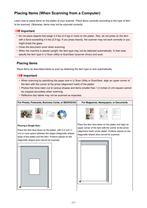 Page 217Placing Items (When Scanning from a Computer)Learn how to place items on the platen of your scanner. Place items correctly according to the type of item
to be scanned. Otherwise, items may not be scanned correctly.
Important
•
Do not place objects that weigh 4.4 lbs (2.0 kg) or more on the platen. Also, do not press on the item
with a force exceeding 4.4 lbs (2.0 kg). If you press heavily, the scanner may not work correctly or you
might break the glass.
•
Close the document cover when scanning.
•
When...