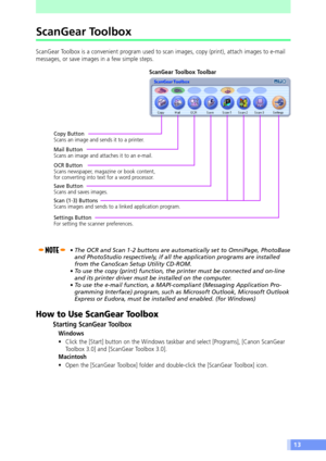 Page 1313
ScanGear Toolbox
ScanGear Toolbox is a convenient program used to scan images, copy (print), attach images to e-mail
messages, or save images in a few simple steps.
ScanGear Toolbox Toolbar
¥ The OCR and Scan 1-2 buttons are automatically set to OmniPage, PhotoBase
and PhotoStudio respectively, if all the application programs are installed
from the CanoScan Setup Utility CD-ROM.
¥ To use the copy (print) function, the printer must be connected and on-line
and its printer driver must be installed on...