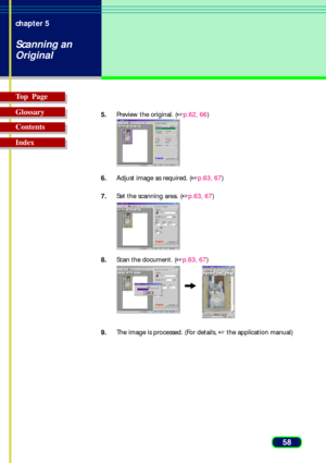 Page 5858 chapter 5
Scanning an
Original
Top  Page
Glossary
Contents
Index
5.Preview the original. (p.62, 66)
6.Adjust image as required. (p.63, 67)
7.Set the scanning area. (p.63, 67)
8.Scan the document. (p.63, 67)
9.The image is processed. (For details,  the application manual) 