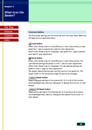 Page 4242 chapter 4
What is on the
Screen?
Top  Page
Glossary
Contents
Index
Common Buttons
The Tone sheet settings are commonly set with the Load, Save, Reset and
All Reset buttons described below.
 Load Button
When Color Mode is set for Color(Photos) or Color (Documents), a user-
saved file (*.adc) is opened and used for color adjustment.
When Color Mode is set for Grayscale, user-saved file (*.adg) is opened
and used for gray adjustment.
 Save Button
When Color Mode is set for Color(Photos) or Color...