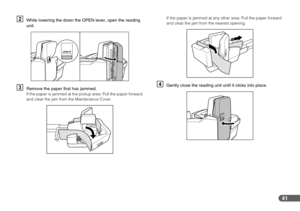 Page 4141
BWhile lowering the down the OPEN lever, open the reading 
unit.
CRemove the paper that has jammed.If the paper is jammed at the pickup area: Pull the paper forward 
and clear the jam from the Maintenance Cover.If the paper is jammed at any other area: Pull the paper forward 
and clear the jam from the nearest opening.
DGently close the reading unit until it clicks into place. 