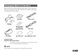Page 1313
Make sure that you have everything shown below. Check every item 
you have removed from the box. If any items are missing, contact your 
local authorized Canon dealer.
NOTE
Items included in this package may change without any notice.
Packaging: What Is in the Box?
CR-50/80Setup Disc
Power Cord
*1
Warranty Card*2
USB Cable
User Registration Card
*2
*1 The power cord varies, according to the country of purchase.
*2 For the United States and Canada only.
Installation Guide
Operation & Maintenance Guide...